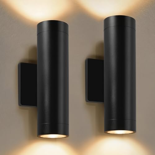 Image of Modern Outdoor Wall Light Fixtures, 2 Pack Integrated COB LED Cylinder Up Down Wall Sconce, 12W 3000K Matte Black Aluminum Waterproof Exterior Porch Lights for House Entryway Garage