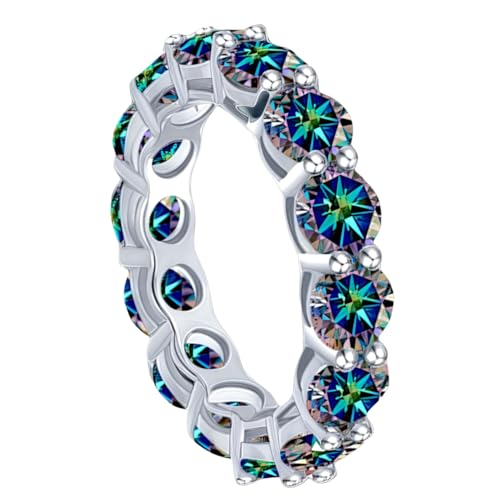 925 Sterling Silver Eternity Band Ring, 0.5CT Moissanite Gemstones, Fashion Jewelry (Colorful Blue, 8)