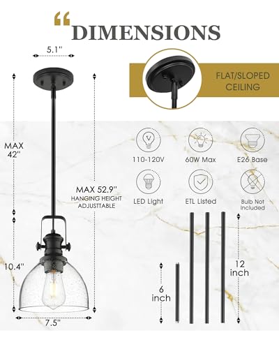 Image of 7.5 inch 2-Pack Black Pendant Lights Kitchen Island, Seeded Glass | Farmhouse Vintage Hanging Light for Dining Room, Clear Seeded Glass Shade, Adjustable Height Rod, E26 Base, AD-22151-1P2-BK-G