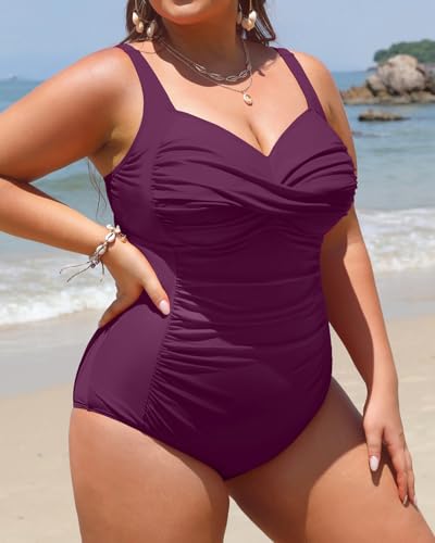 Image of Women Plus Size One Piece Swimsuits Tummy Control Twist Front Bathing Suit | Unremovable Bra, Sweetheart Neckline, Wide Adjustable Straps, Ruched Stomach, Side-Splicing Design, Full Coverage Bottom