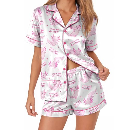 ELUNORUS Womens Soft Silky Satin Pajamas Set Button Down Cooling Loungewear 2 Pcs Sleep Short Pajamas for Mom and Grandma Axolotl Large