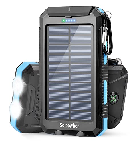 Solar Charger 20000mAh, Solar Power Bank Portable Solar Phone Charger with 2 Outputs for Cellphones, Waterproof External Battery Charger with 2 Flashlights for Camping Hiking or Emergencies (Blue)