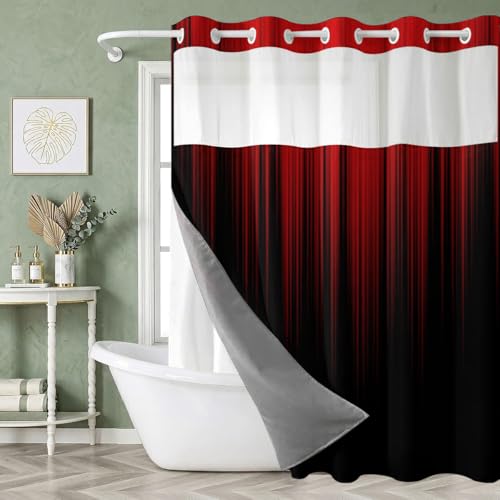 Image of AAtter No Hook Shower Curtain, Red Black Ombre Snap in Liner, 72x72 Inch | Gothic Bathroom Decor for Mens Adult, Polyester Fabric with Mesh Top, Magnetic Weighted Liner, Standard Size Double Layer