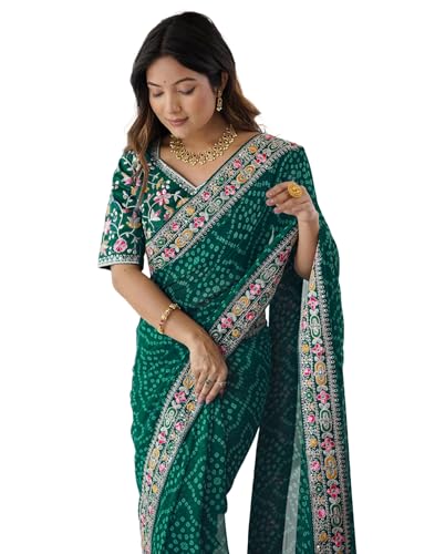 Image of SIRIL Women's Georgette Bandhani Printed Saree with Unstitched Blouse Piece