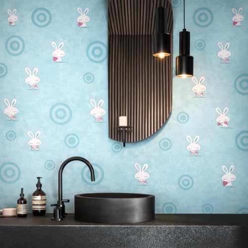 Image of Blue Rabbit & Heart Design Self Adhesive Wallpaper | Peel & Stick, Easy Clean, Removable | Kids Bedroom Wall Covering 16 x 96 Inch