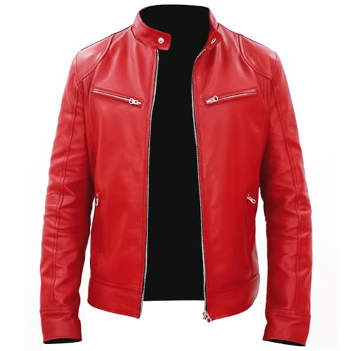 Image of Men's Real Leather Jacket Biker Motorcycle Cafe Racer Vintage Retro Bomber Winter Black Genuine Leather Jacket