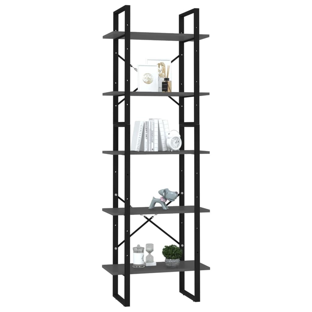Estantería gris con 5 compartimentos, 60 x 30 x 175 cm, madera y marco de metal, juego de 2 estantes, diseño alto y bajo, espacio de almacenamiento versátil para salón, oficina y dormitorio