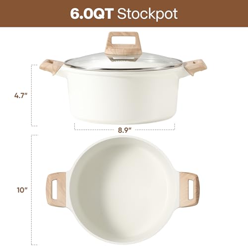Image of CAROTE Nonstick Stock Pot with Lid, 6 Quart White Granite