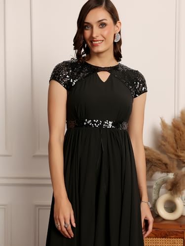 Image of Miss Chase Women's Round Neck Sleeve Embellished Fit Flare Maxi Dress