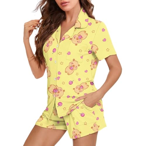 Image of Women's Short Sleeve Sleepwear Button 2 Piece Plus Size Pajamas Casual Soft Stretchy Funny Nightwear with Pockets