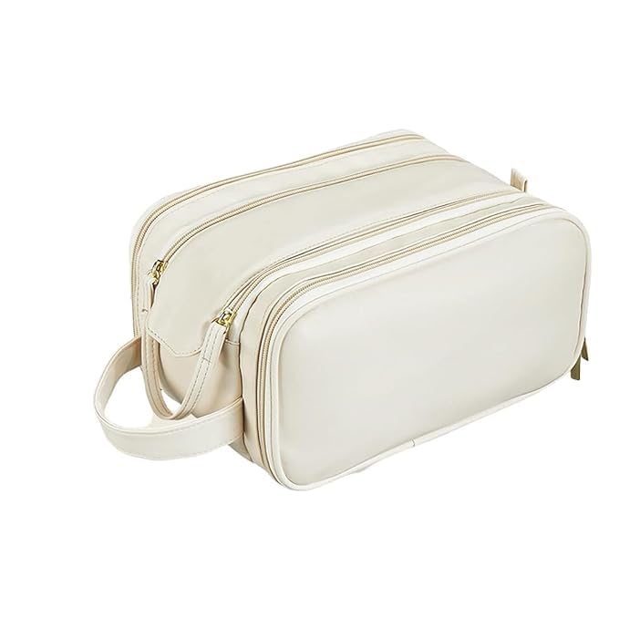 PEIPUS Portable Cosmetic Organiser Bag, Large Capacity Travel Makeup Storage Case, Double-Layer with Zipper Closure, Beige-image-10