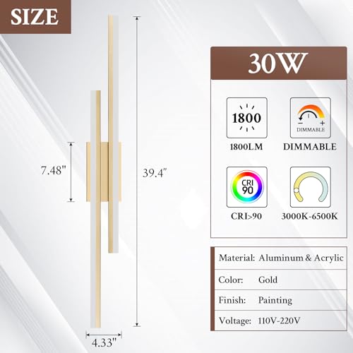 Image of LED Wall Sconce Gold Modern Remote Wall Light Fixtures for Living Room, Dimmable LED Vanity Light Indoor Remote Wall Sconce for Bedside Bedroom Bathroom Dining Room, L39.4inch 1 Pack