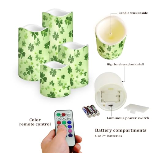 Image of Green Leaves Plastic Flameless Candles with Remote Control and Timer American Flag LED Flickering Battery Electric Pillar Candles for Home Saint Patrick's Day Decoration
