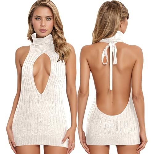Generisch Damen Strick-Minikleid mit Neckholder - Rückenfreies Pulloverkleid mit Cut-Out | Figurbetontes Bodycon-Kleid für besondere Anlässe