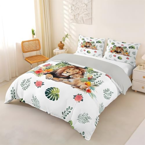 Housse de couette 240x260 lion avec 2 taies d'oreiller 65x65 en microfibre pour lit adulte