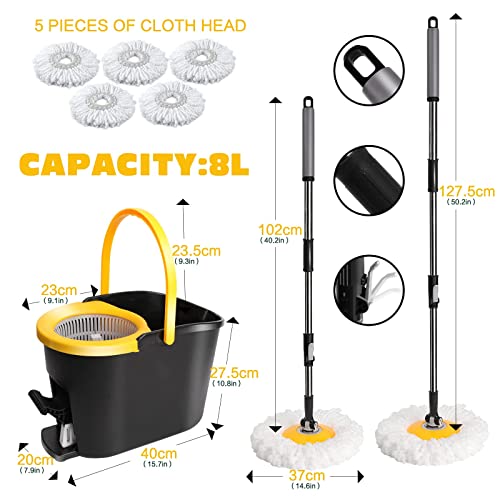 8L Spin Mop And Bucket With Wringer Set,Foot Pedal Upright Washing Bucket System Self-Wring Adjustable Floor Mop With 5 Microfiber Pads For Home Office Kitchen,Extra 1 Floor Brush #TOP5