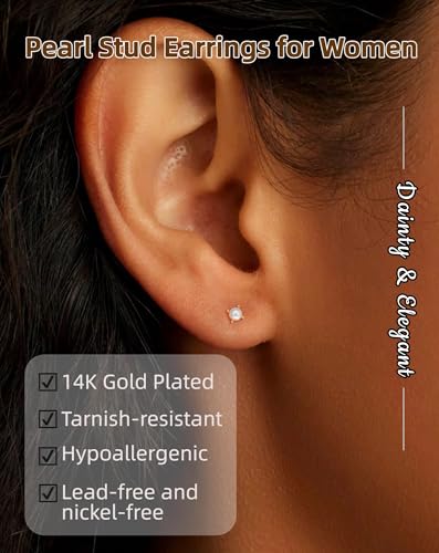 14K Gold Plated Hypoallergenic Pearl Stud Earrings for Women Dainty Pearl Studs Earrings for Wedding Bridal Jewelry2