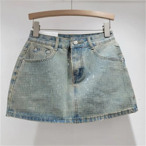 Fashion Women's Denim Skirts Solid Single Side Transport Sequins Color A-Line High Waist Short Skirt4
