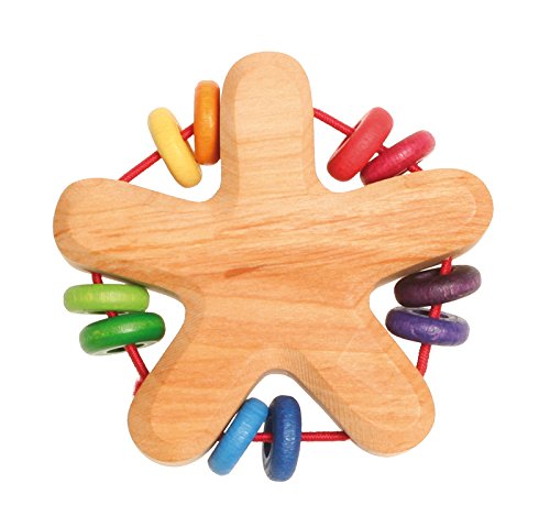 Grimm's Rattle Star - Natural Wooden Baby Grasper & Teething Toy with 10 Colorful Beads, Rainbow Colors