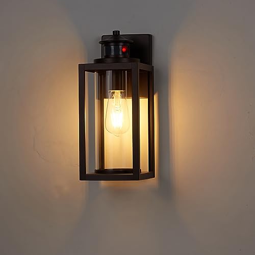 Image of MICSIU 13 Inch Oil Rubbed Bronze Motion Sensor Outdoor Wall Light 1 Pack | Waterproof Dusk to Dawn Exterior Light Fixture with Clear Glass, Outside Light Fixture for Front Porch, Garage, Walkway