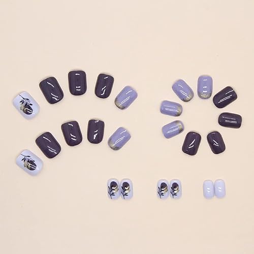 Short French Nail Press On Nails Square Fake Nails Purple Frech Tip False Nails With Leaf And Gold Foil Designs Acrylic Nails Summer Cute Glue On Nails For Women And Girls 24Pcs #TOP3