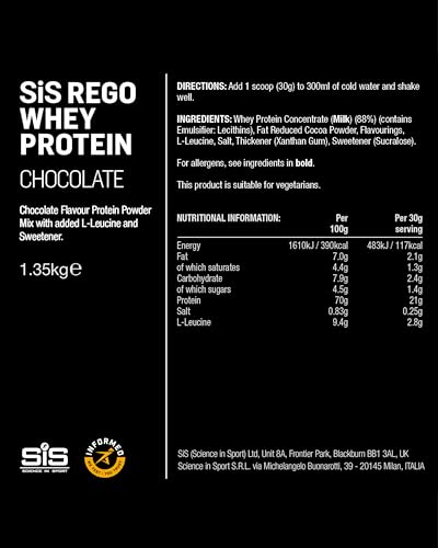 Science In Sport REGO Whey Protein Powder | Muscle Building & Recovery with BCAA Amino Acids | Chocolate Flavour, 1.35 kg, 45 Servings - Image 6