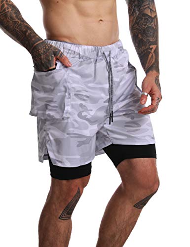 FLYFIREFLY Men's 2-in-1 Athletic Running Shorts Gym Training Yoga Short Pants with Big Pocket White Camo