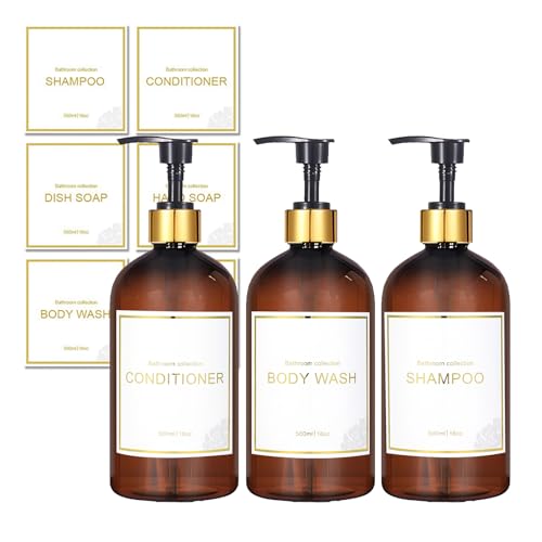Image of Akalin 16oz Shampoo and Conditioner Dispenser, Set of 3 Shampoo Bottles Refillable with Pump, 3 Shampoo and Conditioner Bottles, Shower Bottles Refillable with 6 Waterproof Labels (Brown)