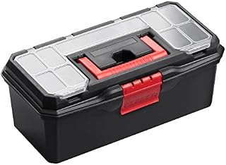 Jazooli 13" Small Heavy Duty Plastic Toolbox Chest Multi-Purpose Storage Tool Box Case with Removable Tote Tray Home Organiser Handyman DIY with Carry Handle
