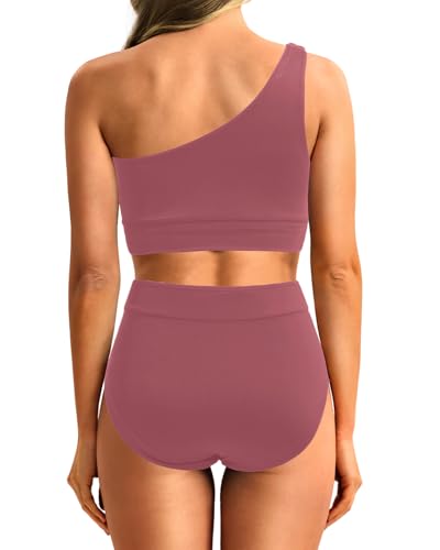 Image of Holipick Women One Shoulder High Waisted Bikini Sets Two Piece Swimsuit Tummy Control Bathing Suit Full Coverage Swimwear