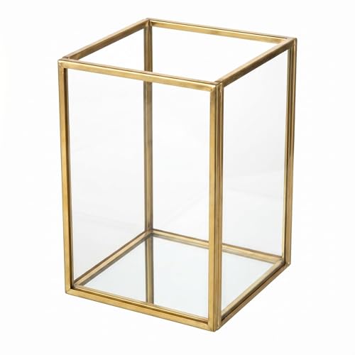 Cup Holder, Square Gold Brass Frame Glass Pen Cup For Desk O