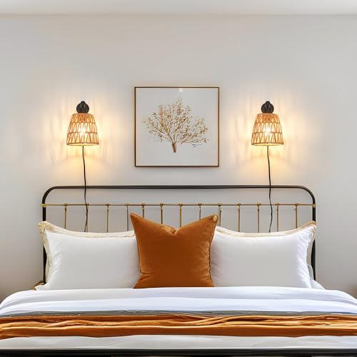 Image of Boho Plug in Wall Sconce Set of 2 - Black Farmhouse Wall Lights with Rattan Shade | Bedroom & Living Room Plug in Wall Lamps for Sofa (5.9FT On /Off Switch Cord)