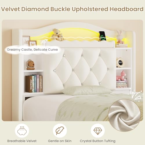 Image of DICTAC Twin Size Bed Frame for Kids with Storage Drawers, Bookcase Headboard, LED Lights and Power Outlets, Diamond Tufted Velvet Upholstered Princess Platform Bed, Heavy-Duty Metal Support, Beige