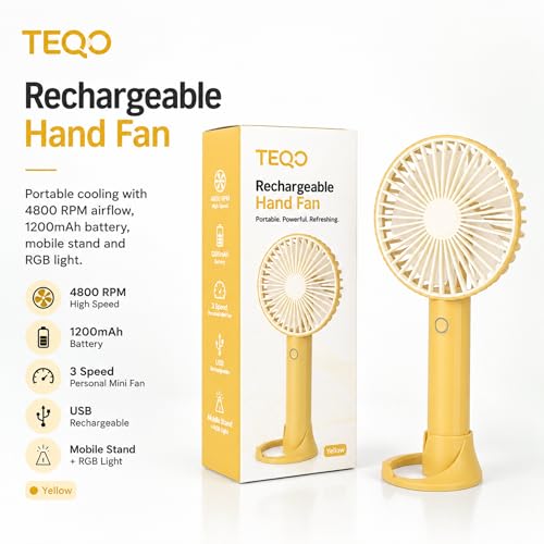 Image of TEQO Rechargeable Hand Fan 4800 RPM High Speed | 1200mAh Battery, Up to 6 Hours Runtime | Portable USB Fan with Mobile Stand & RGB Light | 3 Speed Personal Mini Fan for Travel, Makeup (Yellow)