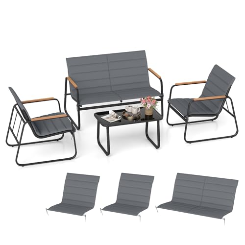 GOPLUS Salon de Jardin Exterieur 4 Personnes avec Coussins Amoivibles, 4+2 Pcs Salon de Jardin avec Canapé Jardin, 2 Chaises &1 Table Basse en Verre Trempé,...