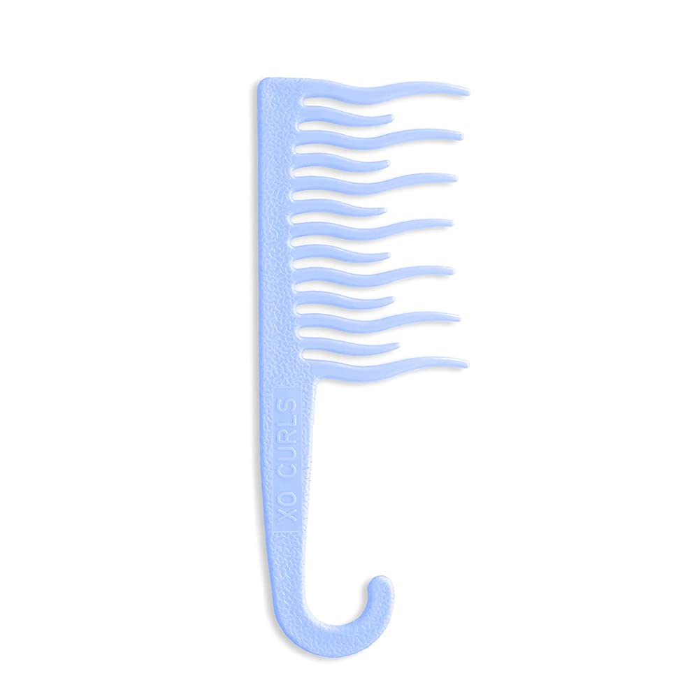 XO CurlsShower Detangling Comb - wide tooth comb with hook for easy hanging in shower, removes knots and tangles gently (Blue)