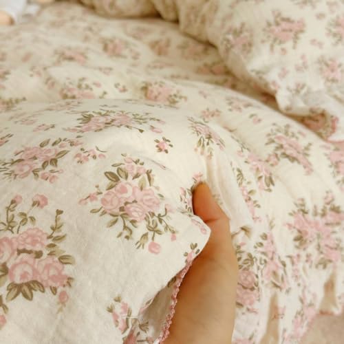 Image of BuLuTu Pink Floral Twin Size Duvet Cover for Girls Kids, Flower Print Comforter Cover with Ruffles, Soft Lightweight Quilt Cover 100% Cotton Muslin, Zipper Closure, 68 inchx86 inch, No Pillowcases