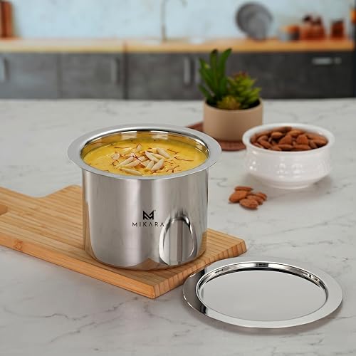 Image of MIKARA Stainless Steel Tope with Lid | Flat Bottom Patila | Heavy Duty Kitchen Cookware| for Gas & Induction Use| Strong, Durable & Multipurpose Cookware. Space Saving (650 ml)
