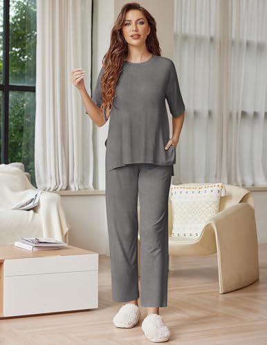 Image of Ekouaer Lounge Sets for Women Short Sleeve Tops and Long Pants Soft Comfy Pajamas Set 2 Piece Outfits