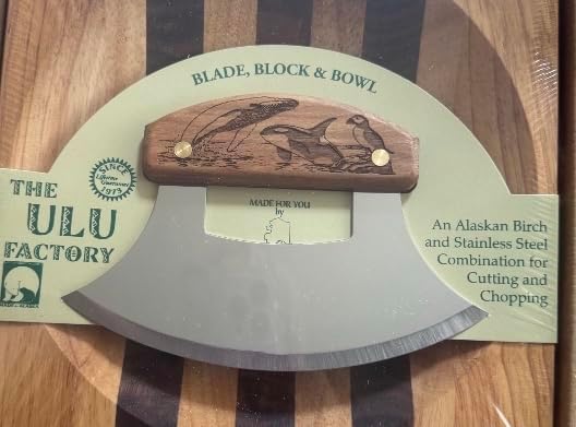 The Ulu Factory Alaskan Birch Wood Ulu Mezzaluna Knife and Bowl Set Ocean Collage Humpback Puffin Orca Whale