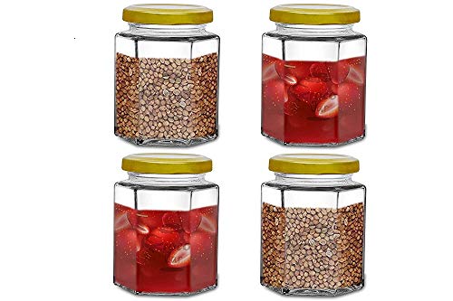 Image of CROCO JAR Hexagon Glass Jar Set of 12 (200 ml) | Airtight Gold Lid Mini Glass Storage Jars for Spices Mouth Freshener & Condiments
