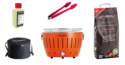 LotusGrill S Small Kompakt Starter-Set Mandarinenorange raucharme Holzkohlegrill mit 2,5 kg Buchenholzkohle, 200 ml Brennpaste, 1x Zange (Farbe nach Vorrat), 1x Tasche. Stromversorgung USB/Powerbank