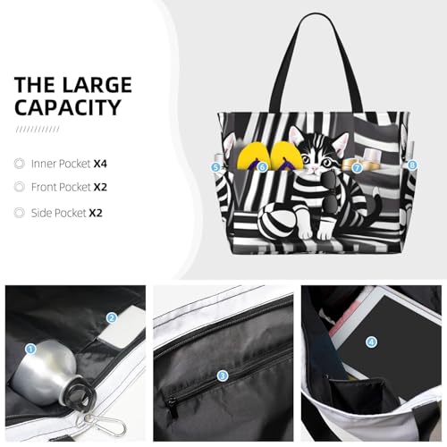 Black and white striped kitten Large Capacity Beach Travel Bag, Foldable Beach Bag with Zipper, Great for Grocery Bag Pool Gym Travel Shopping3