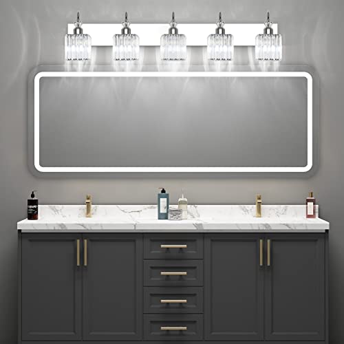 Image of Ralbay Chrome Crystal Vanity Lights 5-Lights 40'' Modern Crystal Bathroom Light Fixtures Modern Crystal Vanity Lighting Over Long Mirror Bathroom Wall Lighting Fixtures