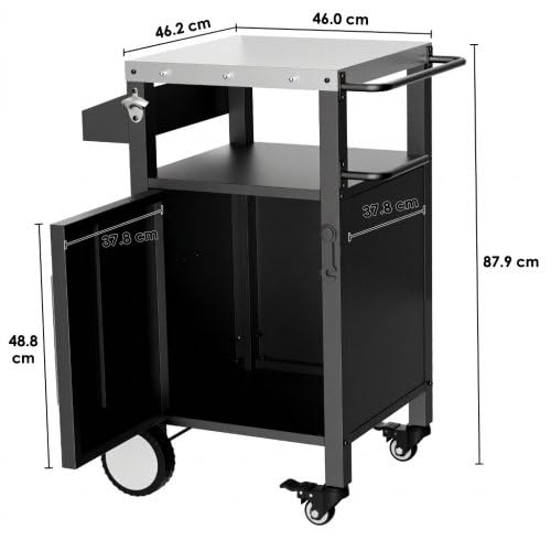 Wetterfester Edelstahl Grillwagen Outdoor Küche, großer Grilltisch 3-Etagen Küchentrolley mit wetterfestem Schrank, große Räder & 2 Lenkrollen, multifunktionaler Outdoor Küchen Servierwagen (46*46*88)