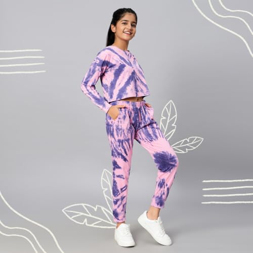 Image of TeenTrums Tie Dye Black Co-ord Set with Boat Neck Tshirt & Joggers, 100% Cotton, Fashion for Youth, Stylish Teen Fashion Collection, Tie Dye Set of Top & Bottom for Girls, Age 05 to 16 Years