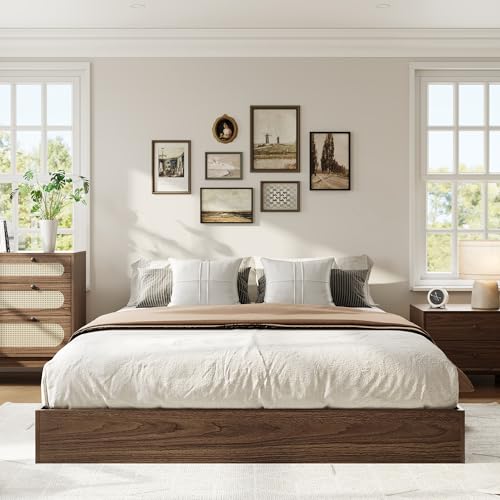 SunnyFurn Walnut Wood Platform Bed