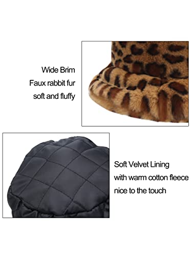 Rulala Fancy Women's Faux Fur Bucket Hats Fluffy Winter Warm Ladie's Unique Printed Fisherman Cap(Leapord) #TOP5