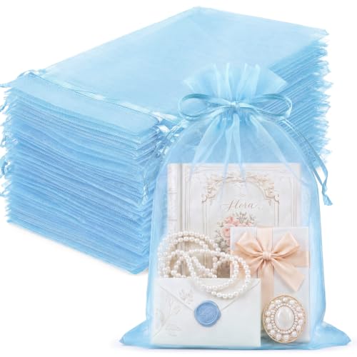 Image of FUNFERY 100PCS Baby Blue Organza Gift Bags 6x9in,Drawstring Jewelry Pouch