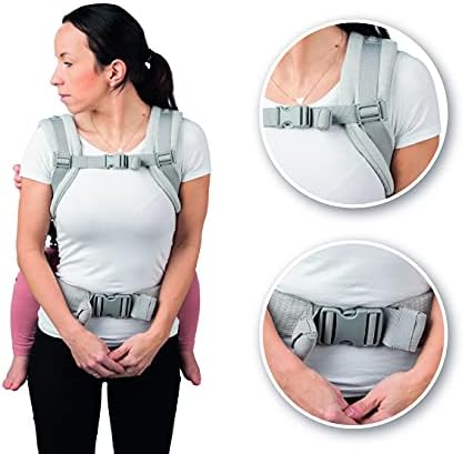 Parent wearing the MoMi COLLET Baby Carrier on their back, showing the hip belt and shoulder strap adjustments.